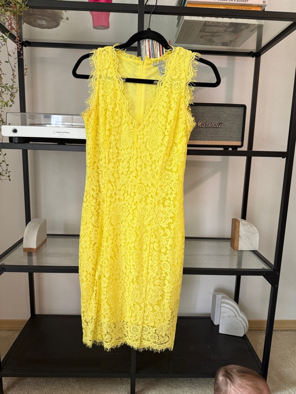 H&M Bright Yellow Lace V-Neck Midi Dress